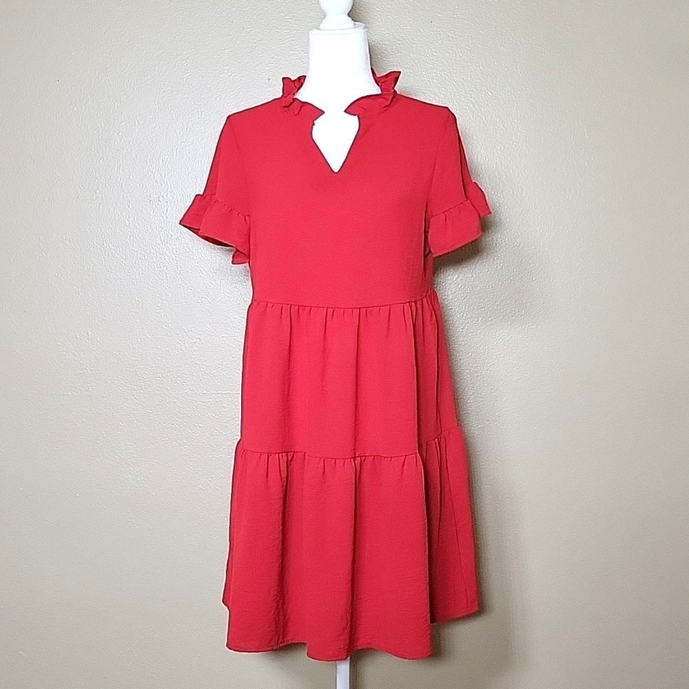 Joie De Vivre Womens Red Ruffle Neck Midi Dress - Size Medium